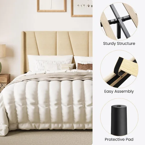 Miniatura 7 de SHA CERLIN Base de cama tamaño King con cabecera geométrica con respaldo de ala, cama de plataforma tapizada con espacio debajo de la cama de 8 Beige