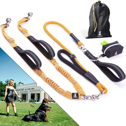 Miniatura 23 de Correa doble premium para dos perros, absorción de golpes, antitirón, doble correa para razas medianas y grandes con accesorio de correa doble