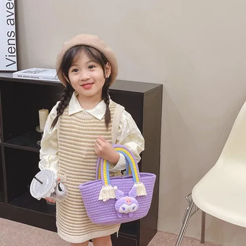 Miniatura 5 de Kuromi - Bolso de paja con borla para viajes de niños, Púrpura