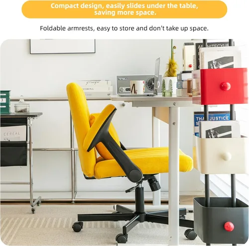 Miniatura 8 de Silla de oficina de terciopelo con patas cruzadas con ruedas y brazos abatibles ajustables, silla de asiento ancha giratoria para oficina en casa