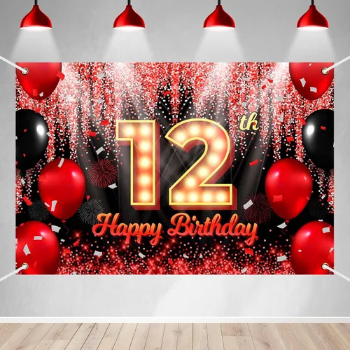 Miniatura 8 de Telón de Fondo Banner de Feliz 10º Cumpleaños Tema Negro y Rojo con Fondo de Neón Brillante y Moda para Fiesta de Cumpleaños Fotografía Accesorio