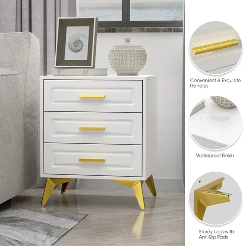 Miniatura 4 de Giluta Mesita de noche blanca con 3 cajones, moderna mesita de noche con patas y asas de metal macizo dorado, mesa de noche de madera, mesa auxiliar