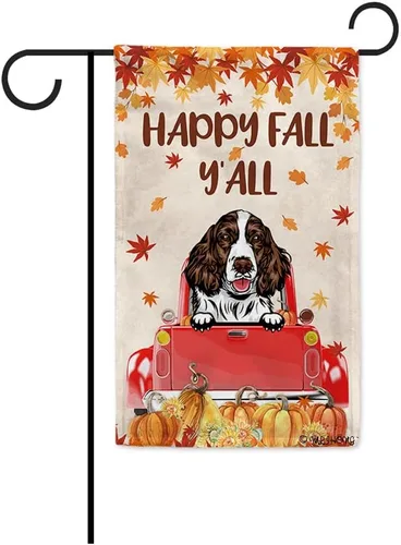 Miniatura 30 de Bandera con texto en inglés «Happy Fall Y'all» con diseño de perro inteligente con calabaza en camión rojo y hojas de arce, pancarta de otoño