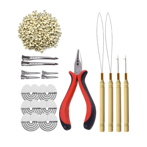 Miniatura 9 de Kit de herramientas de 200 piezas de extensiones de cabello de microanillos de silicona: alicates de pelo de tres agujeros, aguja de gancho de micro