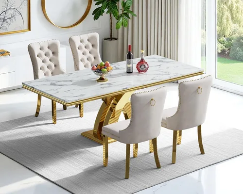 Miniatura 14 de Moderno juego de mesa de comedor de mármol sintético de 68.11 pulgadas para 6, mesa de comedor de mármol blanco y plateado con 6 sillas de Blanco
