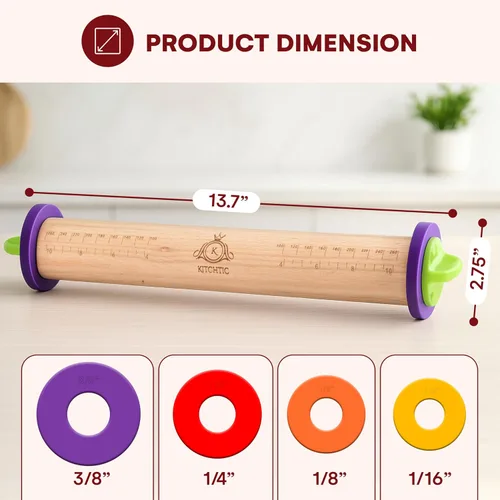 Miniatura 2 de Kitchtic Rodillo con anillos de grosor – Rodillo de madera ajustable – Herramienta esencial para hornear y rodillo – Grosor consistente – Fácil