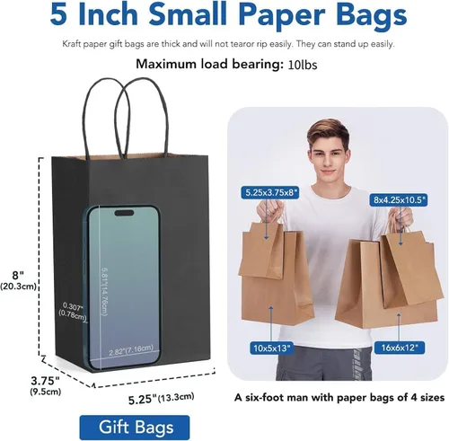Miniatura 2 de GSSUSA Bolsas de regalo negras de 5.25 x 3.75 x 8 pulgadas, 100 unidades, bolsa para el día de San Valentín, bolsas de papel negro con asas a