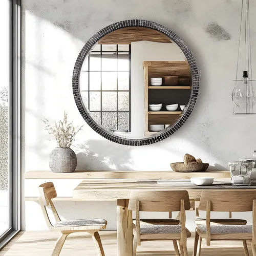 Miniatura 6 de Espejo redondo de madera de 35 pulgadas, espejo de pared circular rústico con biselado, espejos redondos de madera para decoración de pared, espejos