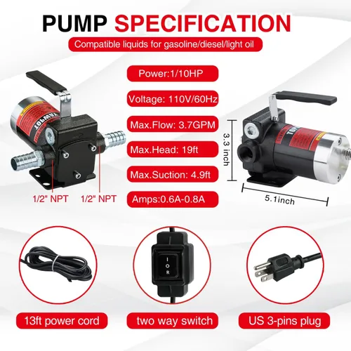 Miniatura 3 de TOPWAY Bomba de combustible de gasolina de 110 V CA, bomba de transferencia de aceite autocebante de 3.7 GPM con mango, bombeo reversible