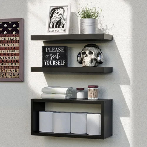 Miniatura 8 de RICHER HOUSE Estantes flotantes para baño, estantes flotantes negros para pared, estantes de baño sobre el inodoro, estantes colgantes montados