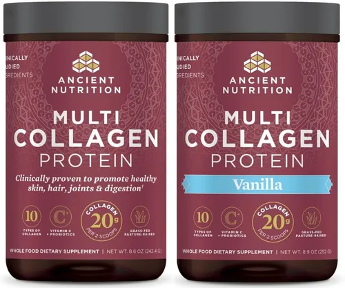 Ancient Nutrition Proteína en polvo multicolágeno sin sabor, 24 porciones + proteína de colágeno múltiple en polvo, vainilla, 24 porciones