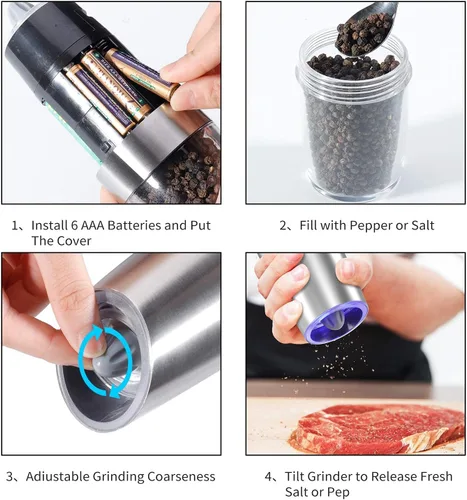 Miniatura 7 de Juego de 2 molinillos eléctricos de sal y pimienta, molinillo automático de sal y pimienta, rugosidad ajustable, funciona con pilas con luz LED