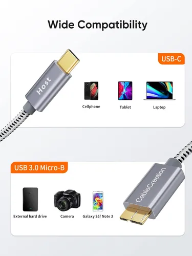 Miniatura 6 de CableCreation Cable corto USB C a Micro B de 2 pies, 10G Micro B a USB C 3.1 Cable de disco duro externo para iPhone 15/16/17, Samsung Galaxy S24