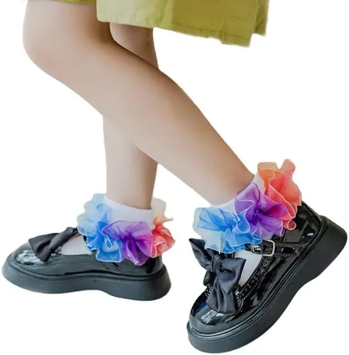 Miniatura 8 de Hopply Toddler Girls Double Lace Socks Turn Cuff Shimmering Big Ruffle Rainbow Style Dress Lace Socks for Infant Kids