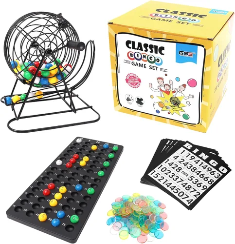 GSE Games & Sports Expert Juego de bingo de lujo con jaula de acero, tablero maestro, 75 bolas, 150 fichas, 18 tarjetas de bingo para fiestas de