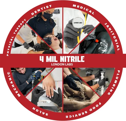 Miniatura 5 de London Labs Synsafe 4 Mil - Guantes de nitrilo negros para examen – Desechables, sin látex ni polvo – Guantes de goma extra fuertes – Kit