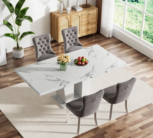 Miniatura 89 de Juego de mesa de comedor extensible marrón de 63 a 78.74 pulgadas para 4, juego de mesa de comedor de 5 piezas con 4 sillas, mesa de cocina