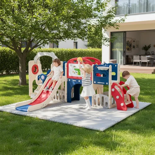 Miniatura 8 de Set de juego de 12 en 1 para niños pequeños al aire libre con tobogán, parque infantil para niños pequeños y juego de columpios, juego de escalador