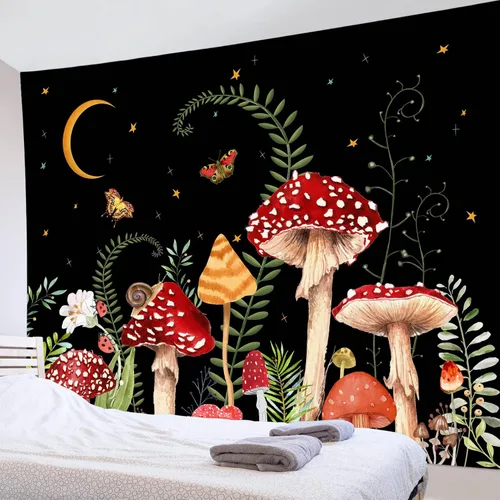 Miniatura 16 de LB Tapiz de hongos para colgar en la pared, luna y estrella en beige, tapiz de pared para dormitorio, estética de planta verde, arte de pared