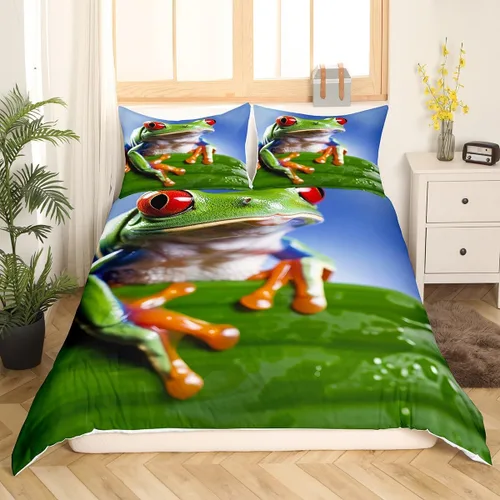 Miniatura 7 de Erosebridal Juego de funda de edredón de rana 3D, tamaño individual, juego de ropa de cama de rana de árbol de ojos rojos, funda de edredón