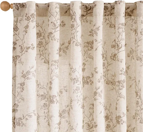 Lazzzy - Cortinas de lino floral gris pardo de 84 pulgadas, cortinas de estilo granja con solapa trasera para sala de estar y dormitorio, cortinas
