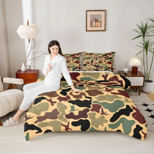 Miniatura 10 de Manfei Rutic Farmhouse - Juego de edredón tamaño King, juego de ropa de cama de retazos de madera a cuadros de ciervo, oso, árbol, 3 piezas