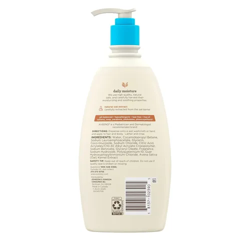 Miniatura 10 de Aveeno Baby Daily Moisture - Jabón corporal suave y champú con extracto de avena, lavado de baño y champú para el cabello 2 en 1, sin desgarros ni