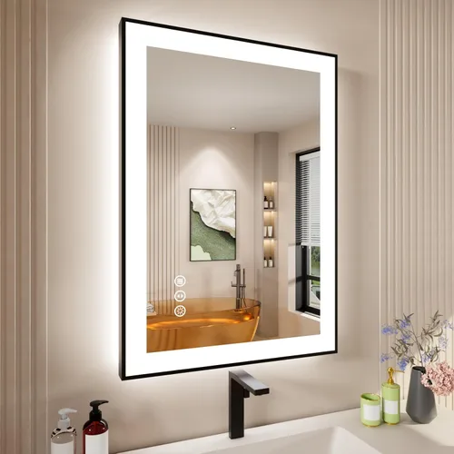 Miniatura 29 de Espejo de baño LED de 60x36 pulgadas con marco negro, espejos de baño retroiluminados y con luz frontal para pared, antiempañamiento, regulable