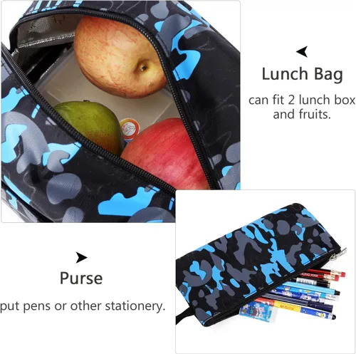 Miniatura 7 de Goldwheat Mochila para adolescentes y niños, juego de bolsas escolares de 3 piezas, Azul Patchwork, L, Mochila escolar
