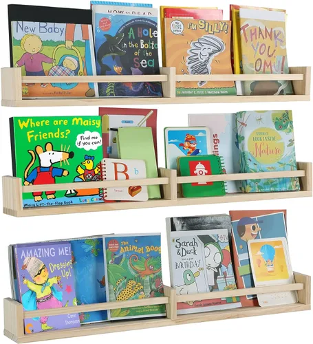 Austin yan Estantería de pared para guardería, 32 pulgadas, juego de 3, estantería flotante de madera para niños, color madera natural, estante
