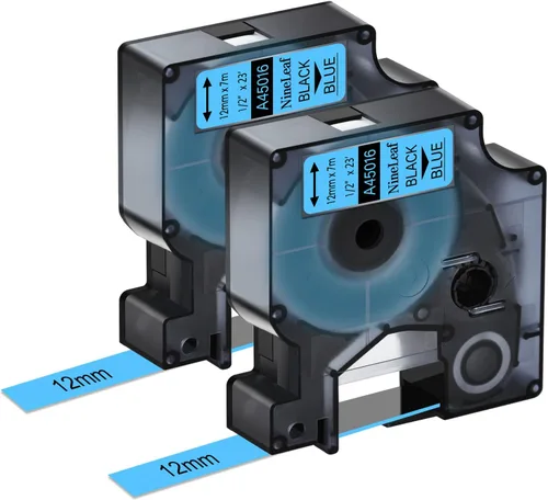 NineLeaf Paquete de 2 cintas de etiquetas negras sobre azules de 0.472 pulgadas compatibles con Dymo D1 para etiquetadoras Dymo D1 45016 S0720560