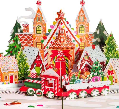 Paper Love Tarjeta Emergente 3D de Pueblo de Jengibre Navideño, Regalo para Navidad o Días Festivos, Cubierta de 5" x 7" - Incluye Sobre y Etiqueta