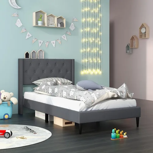 Miniatura 9 de Giantex Base de cama de plataforma de tamaño individual con respaldo de alas, base de cama tapizada de tela con cabecera capitonada con botones