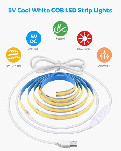 Miniatura 4 de Aclorol Tira de luz LED COB regulable de 5 V alimentada por USB, 6.56 pies, luz de tira LED blanca fría para dormitorio, sin puntos, 640 LED, cinta