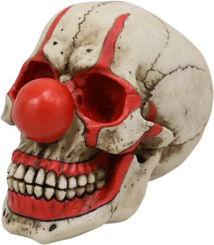 Miniatura 3 de Ebros Gift Creepy IT Jester Clown Harlequin Joker Skull with Red Nose Figurine 5" Tall Osario Macabra Calaveras y esqueletos de Halloween Escultura