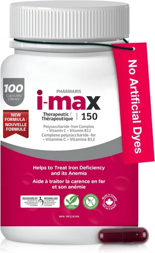 Miniatura 10 de Pharmaris i-max Suplemento de hierro de 150 mg, vitamina C 250 mg y B12 1000 mcg, suplemento de hierro para mujeres y hombres, sin tintes