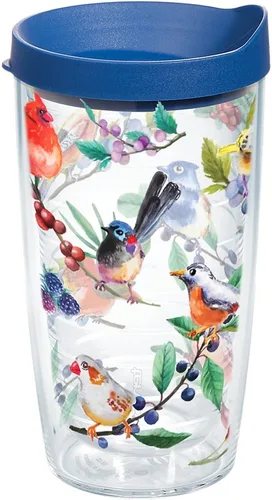 Taza aislada Tervis Watercolor Songbirds de doble pared hecha en Estados Unidos mantiene las bebidas frías y calientes, 16 onzas, transparente