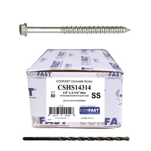 Miniatura 15 de CONFAST Tornillos de concreto de 1/4" x 1-3/4" de acero inoxidable 410, hexagonales, con broca para cemento para anclaje a mampostería, bloque