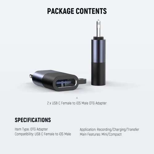 Miniatura 7 de NEEWER Juego de 2 adaptadores USB C a iOS OTG, USB tipo C (hembra) a iOS (macho) compatible con iPhone 14, 13, 12, 11 X, iPad tipo C, micrófono