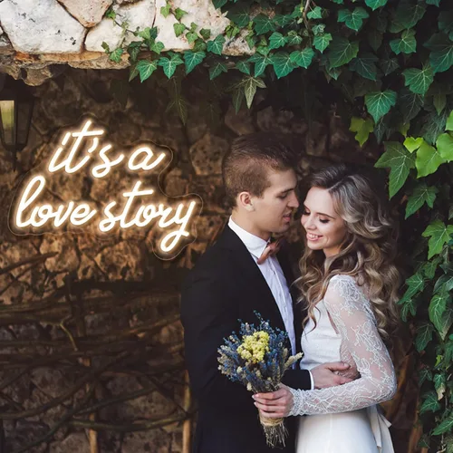 Miniatura 5 de Letrero de neón con texto en inglés "It's a Love Story", luz LED blanca cálida para dormitorio, estética, cumpleaños, boda, fiesta, regalo, novio