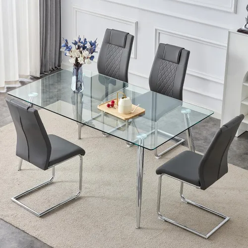 Miniatura 26 de Juego de mesa de comedor en blanco y negro de 51 pulgadas para 4, mesa de cristal minimalista moderna y 4 sillas tapizadas de piel sintética