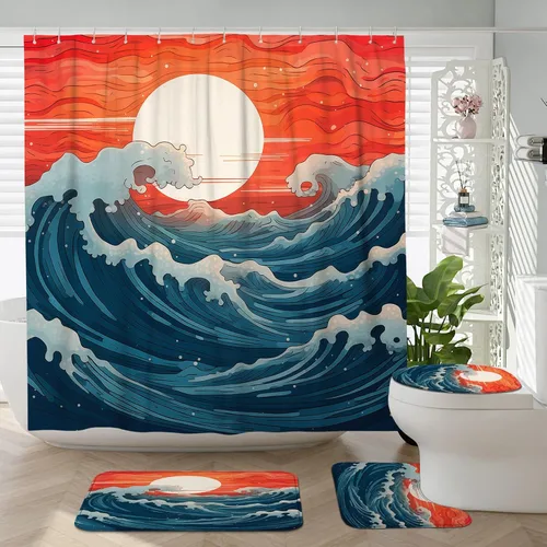 Miniatura 33 de Cortina de ducha japonesa Fuji Mountain de cerezo asiático, cortina de ducha con diseño de anime, decoración de baño, tela de poliéster, 62 x 72 Azul