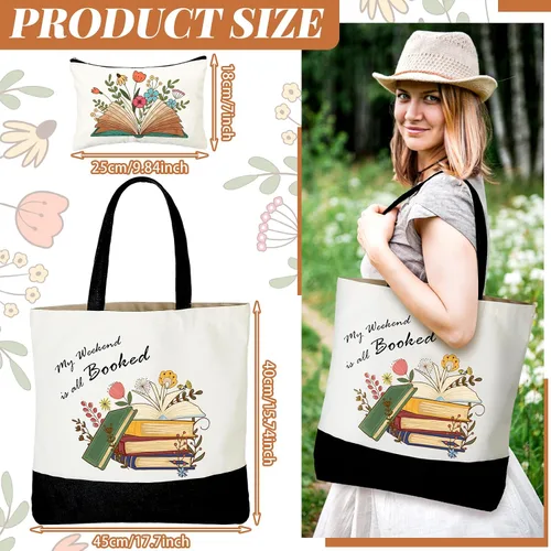Miniatura 2 de Cunno Juego de 2 bolsas de lona con bolsa de maquillaje, bolsas estéticas para amantes de los libros para regalo de agradecimiento al profesor