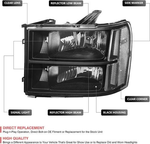 Miniatura 2 de DNA MOTORING Juego de ensamble de faros compatible con GMC Sierra 1500 de 2007-2013/Sierra 2500 HD y 3500 HD de 2014, Negro/Transparente, Negro Claro