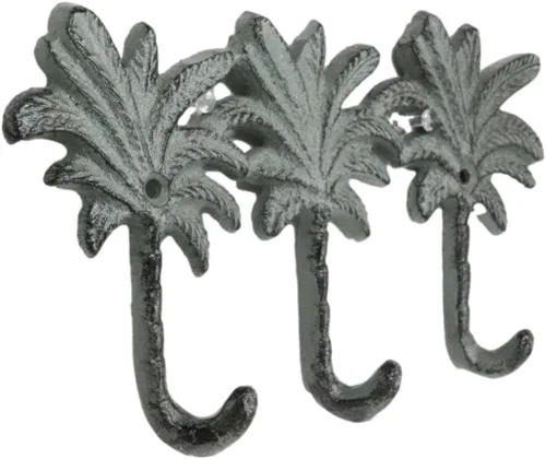 Miniatura 6 de Ebros Gift Paquete de 2 figuras de hierro fundido Verdigris Tropical Paradise Beach, 3 palmeras de coco, 3 clavijas, ganchos de pared triples