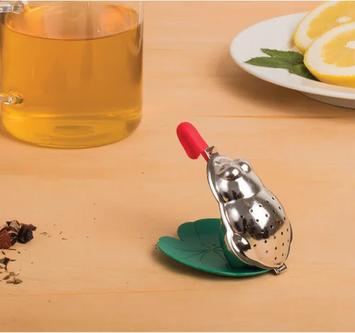 Miniatura 5 de HIC Kitchen Infusor de té con bandeja de goteo, almohadilla de rana y lirio, acero inoxidable 18/8 y plástico