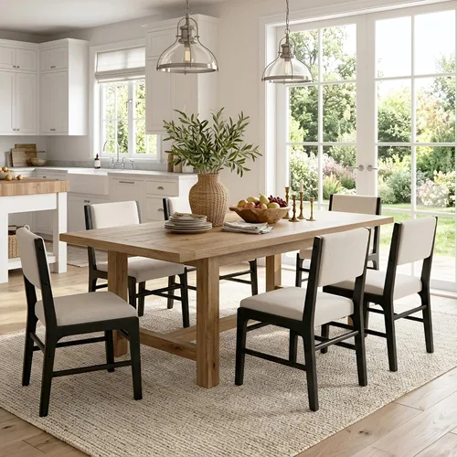 Miniatura 10 de HNY Juego de 2 sillas de comedor de lino beige con marco de madera negra, silla de cocina tapizada de tela moderna con respaldo rectangular, sillas