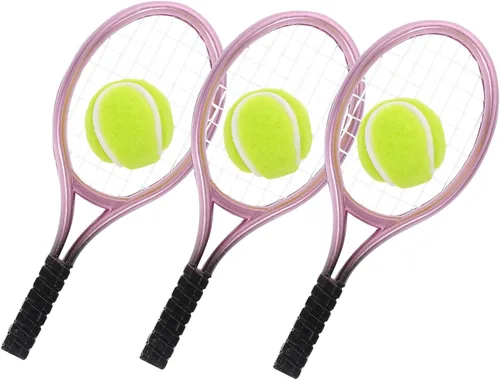 Miniatures 3 juegos de mini raqueta de tenis, accesorios para casa de muñecas 1:12, mini raqueta de tenis deportiva y juego de pelota para mini casa