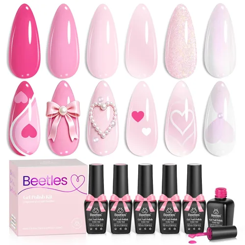 Miniatura 37 de Beetles - Juego de esmaltes de uñas de gel para boda, 6 colores, color nude, rosa, malva, blanco, con brillantina, para remojar con luz UV LED, arte