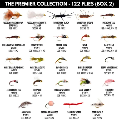Miniatura 3 de Ventures Fly Co. Surtido de 122 moscas de pesca con mosca atadas a mano Dos cajas para moscas incluidas Seco, húmedo, ninfas, serpentinas